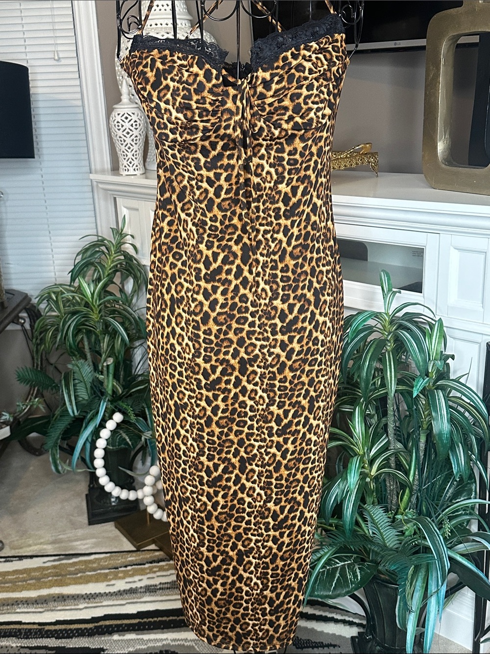 Fashion Nova Leopard Print Strapless Midi Dress in Brown and Black
